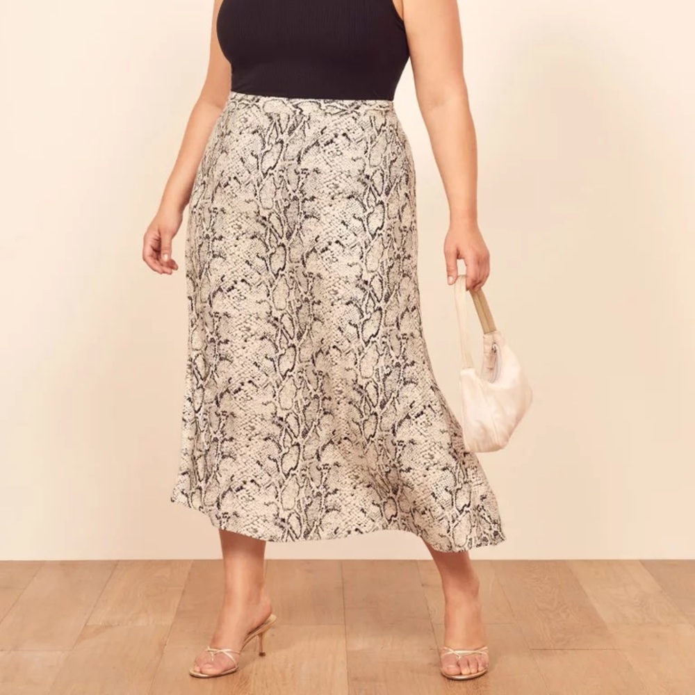 Reformation Snake-Print Midi Skirt in Black and Cream